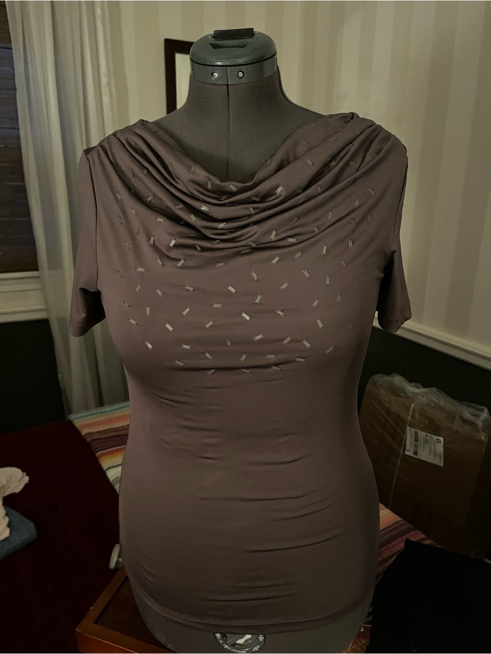 Gallery Brown Metallic adorned Tunic Top with Soft Draped Neckline